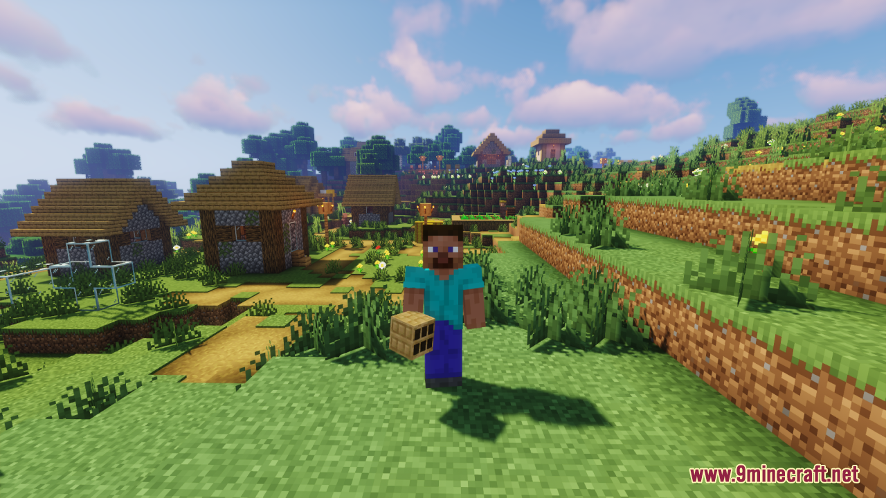 Player holding a light wooden scroll pile block in a village