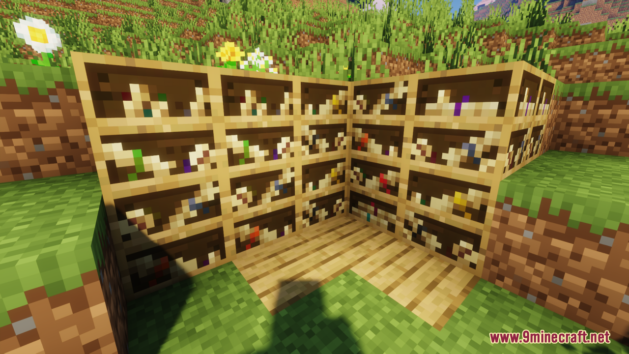 Custom bookshelf blocks displaying rolled scrolls in Superior Scrolls pack