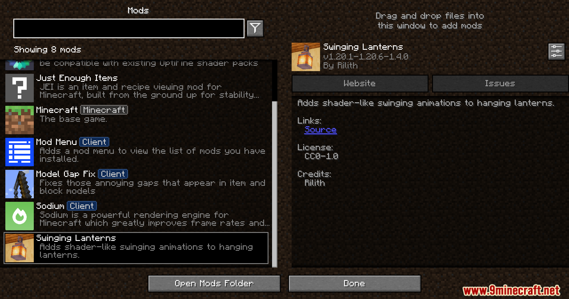 Swinging Lanterns mod in the Minecraft mods menu