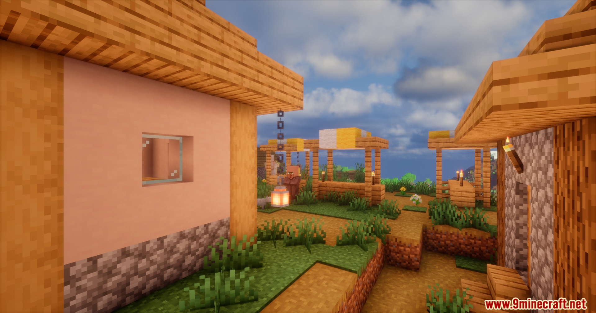 A peaceful Minecraft village with wooden houses