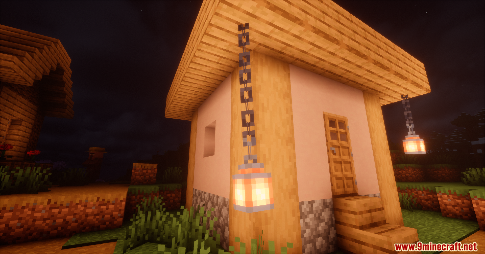 A close-up view of a lantern swinging from a roof