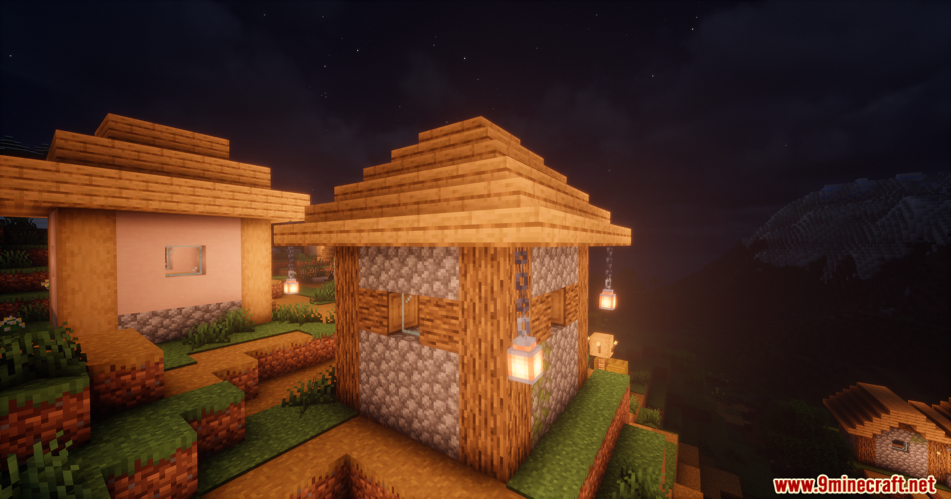 Hanging lanterns sway gently in a Minecraft village at night