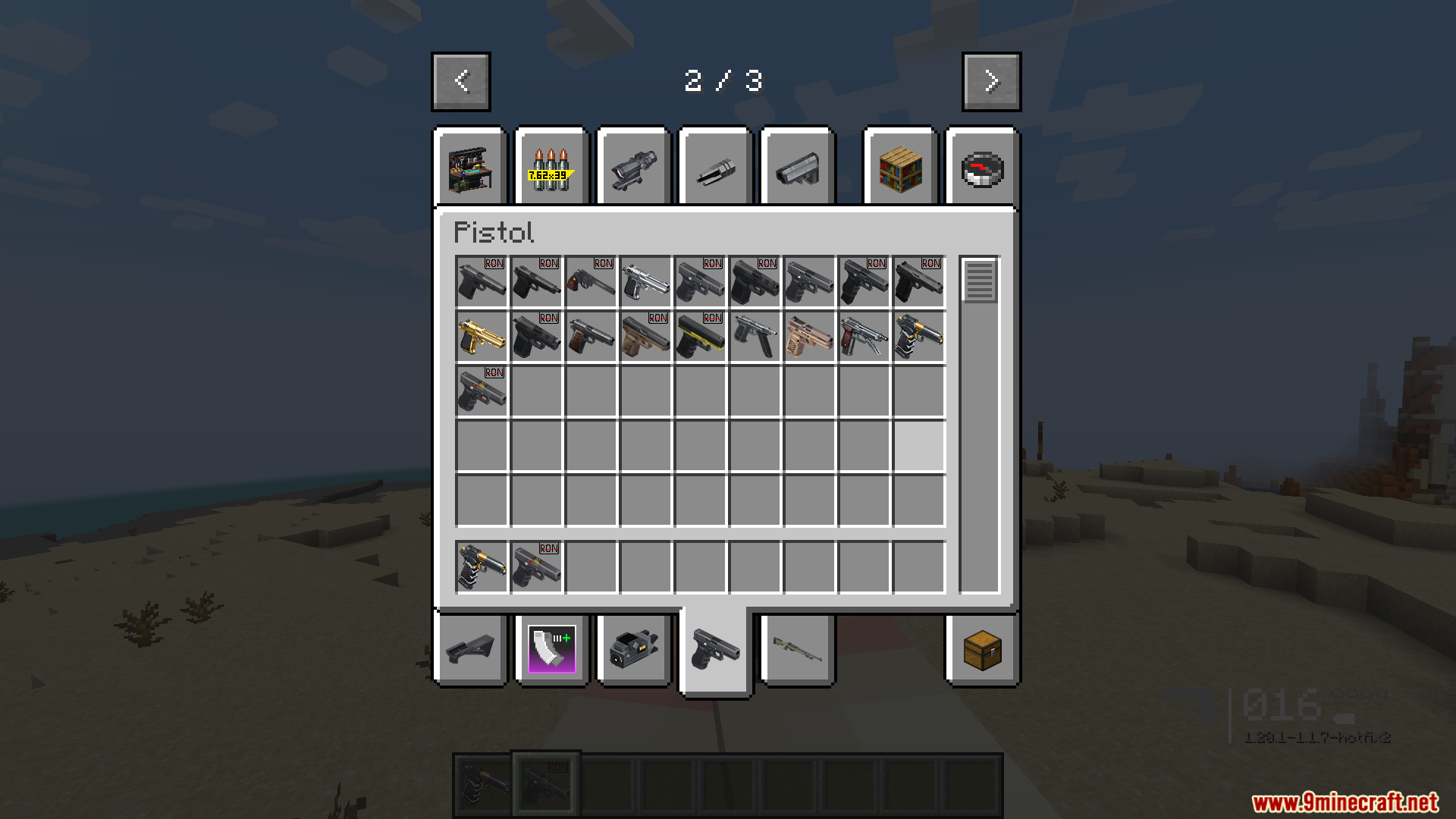 Inventory screen showing various pistols from TaCZ Weapons and Tactics mod