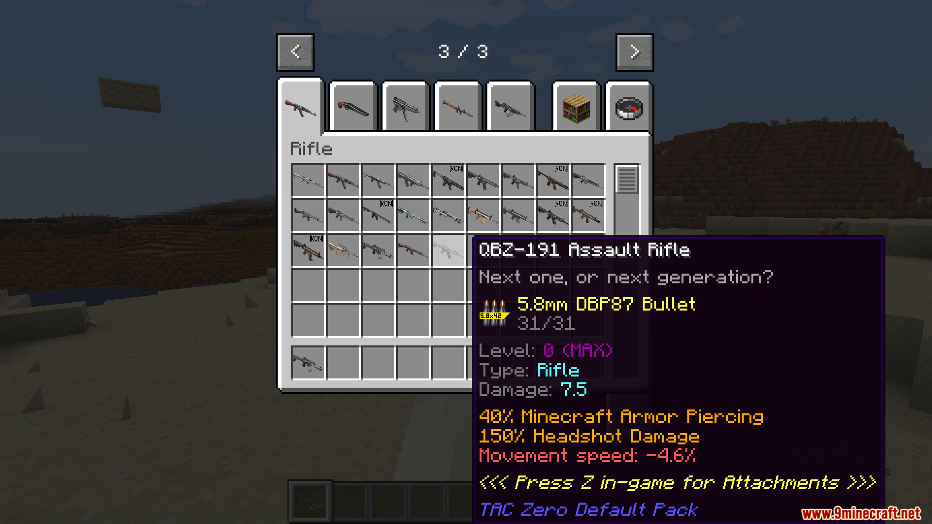 Player checking QBZ 191 rifle stats in the mod inventory menu