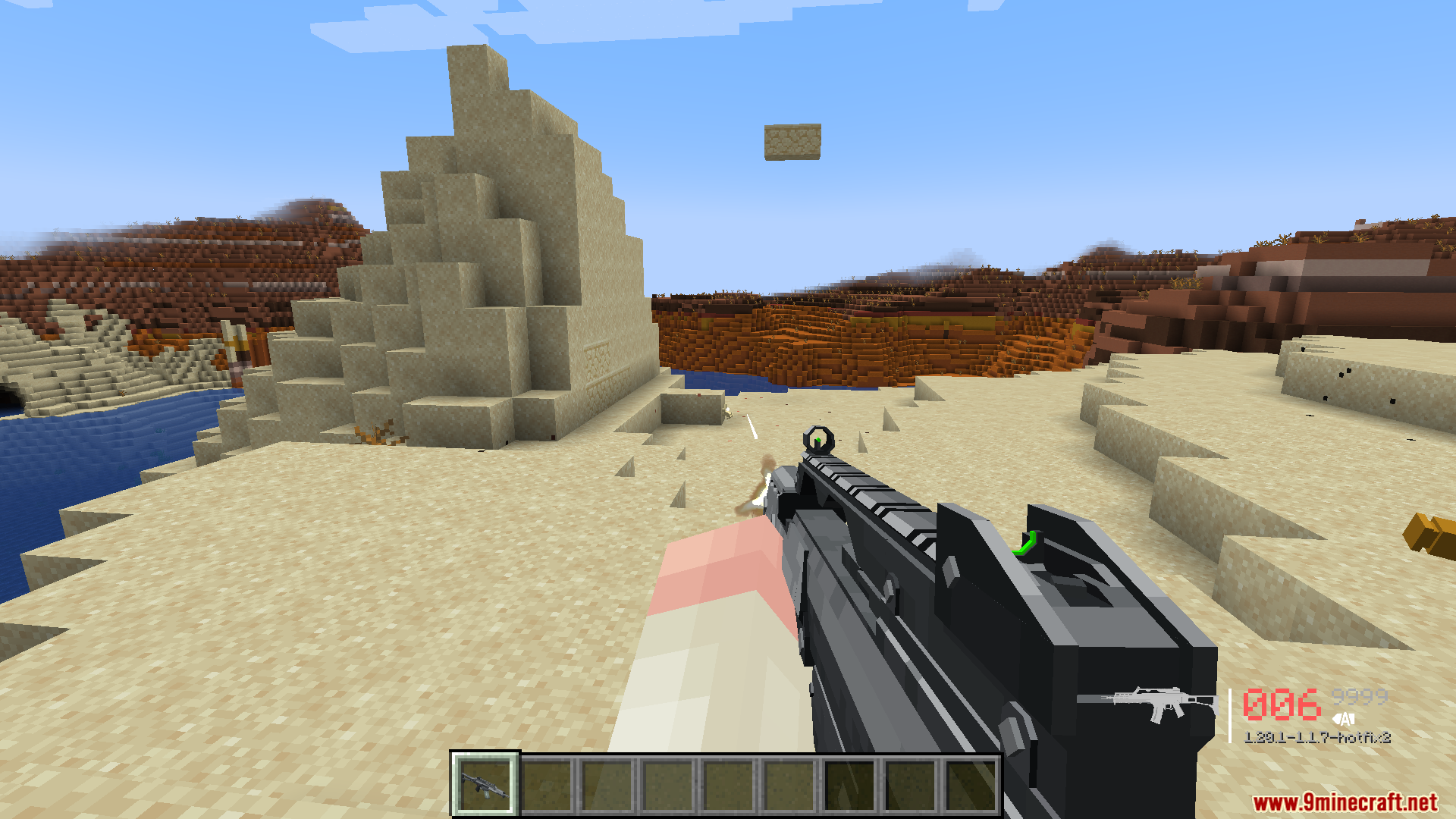 Player firing a tactical rifle in desert using the TaCZ mod