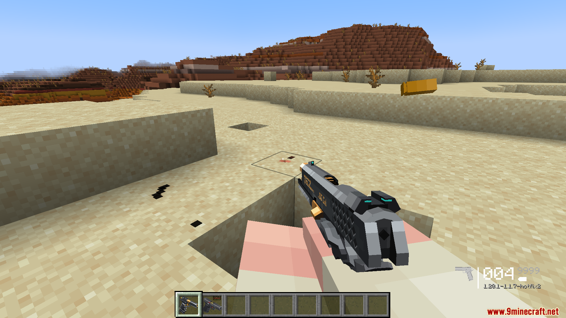 Player firing a black pistol from TaCZ Weapons mod in desert