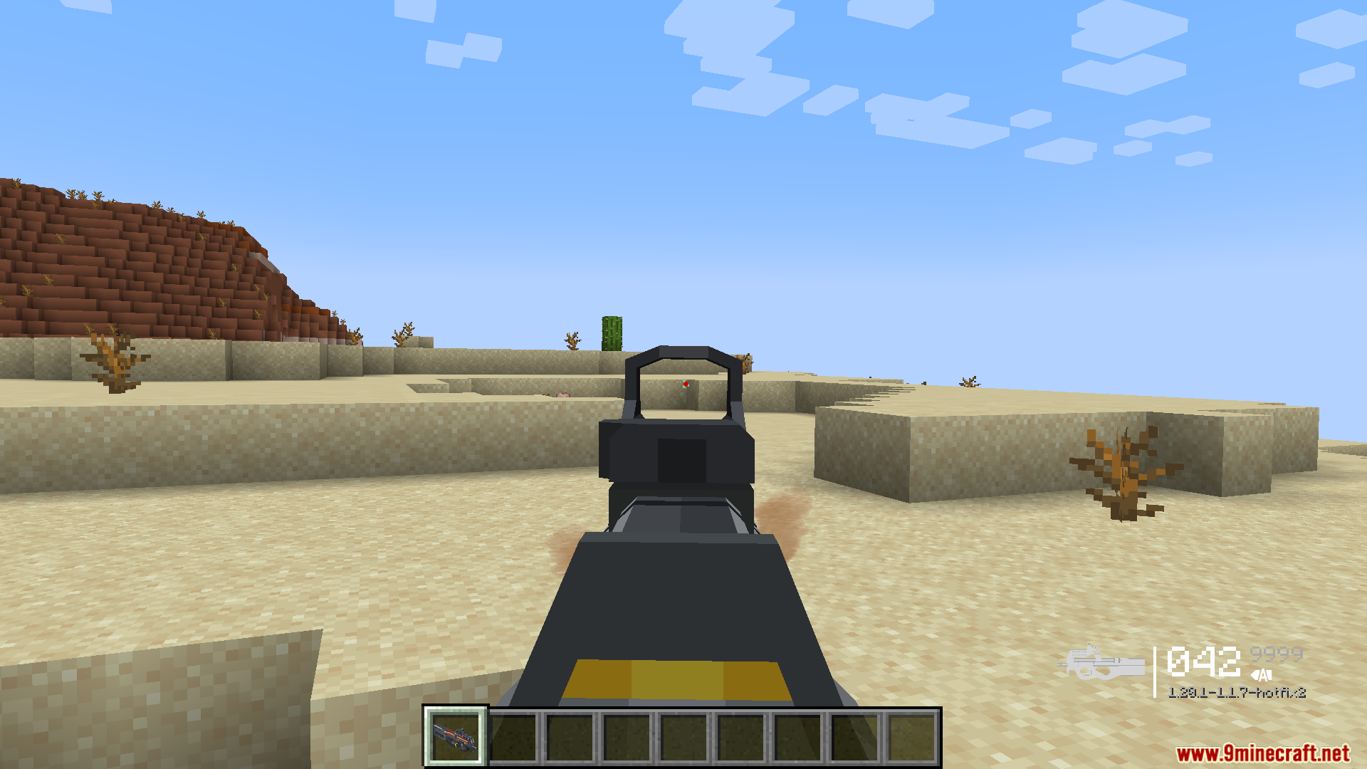 Player aiming through a red dot sight using TaCZ Weapons mod