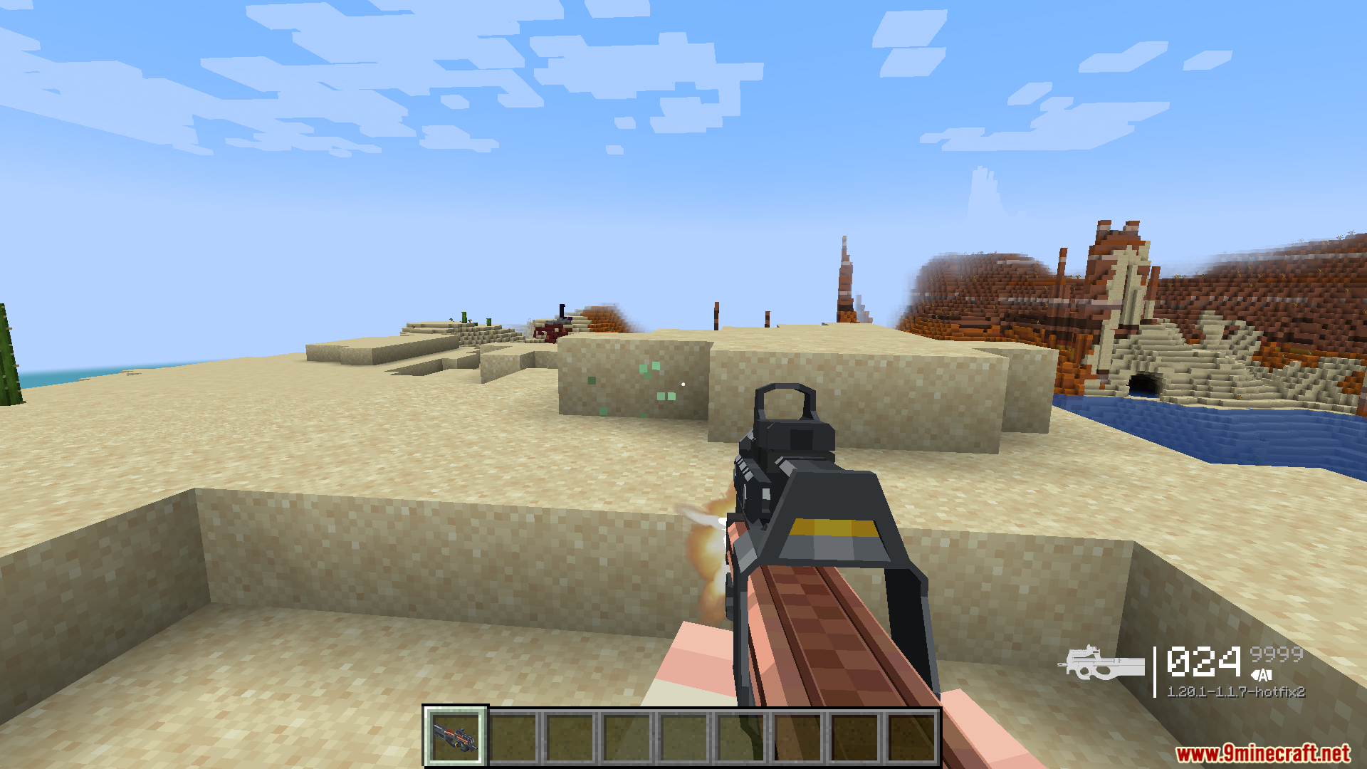 Player firing a tactical gun in desert using TaCZ Weapons mod