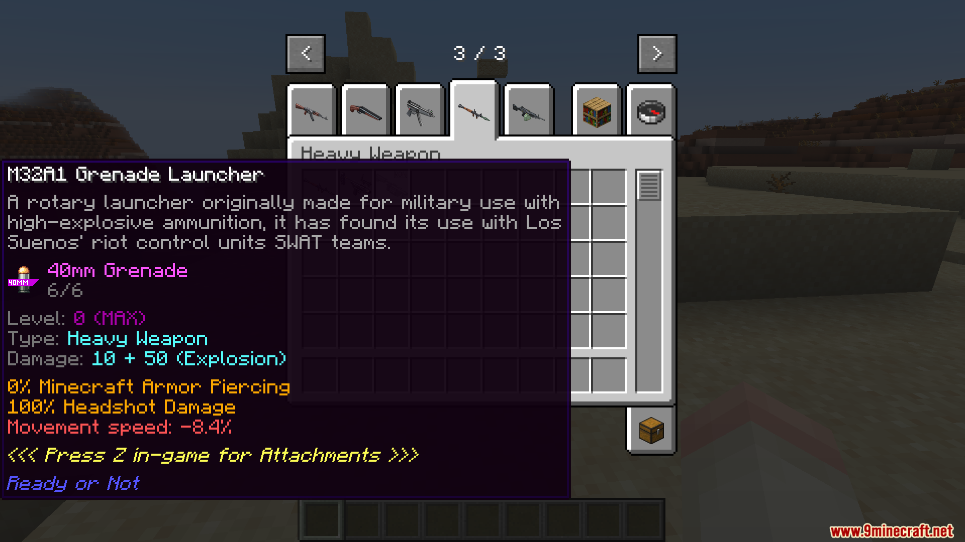 Inventory menu showing various SMG weapons from TaCZ Weapons mod