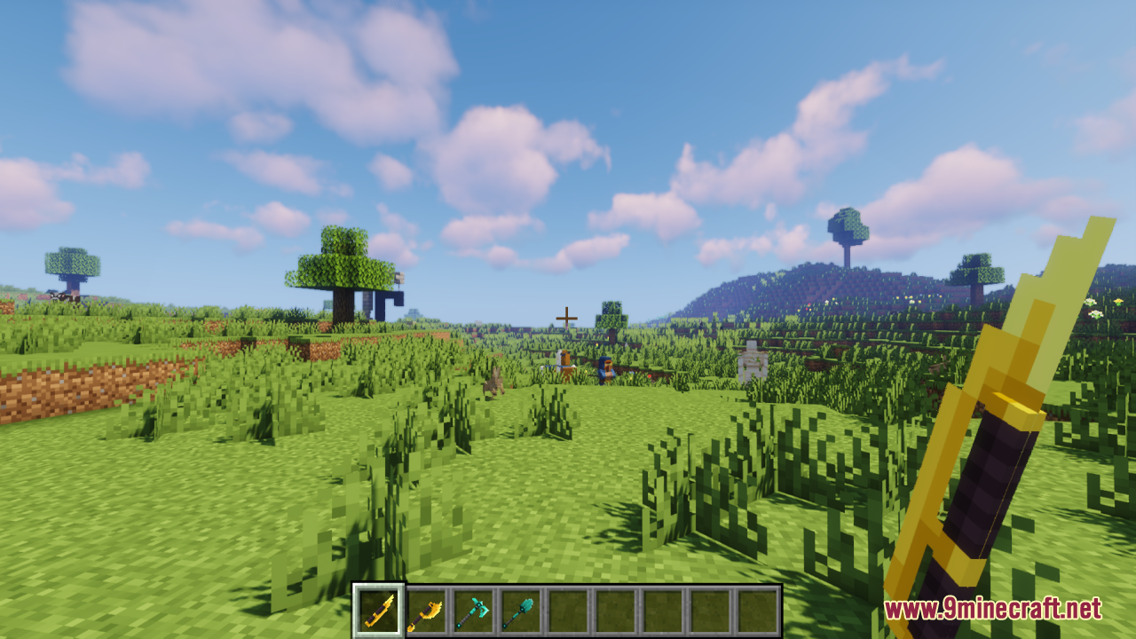 First-person perspective with a 3D modeled golden bow