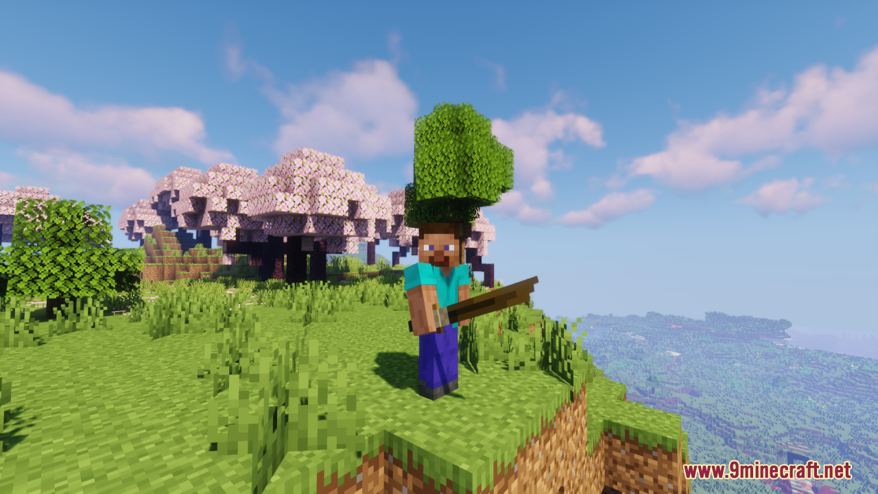 Steve holding a 3D modeled wooden sword on a cliff