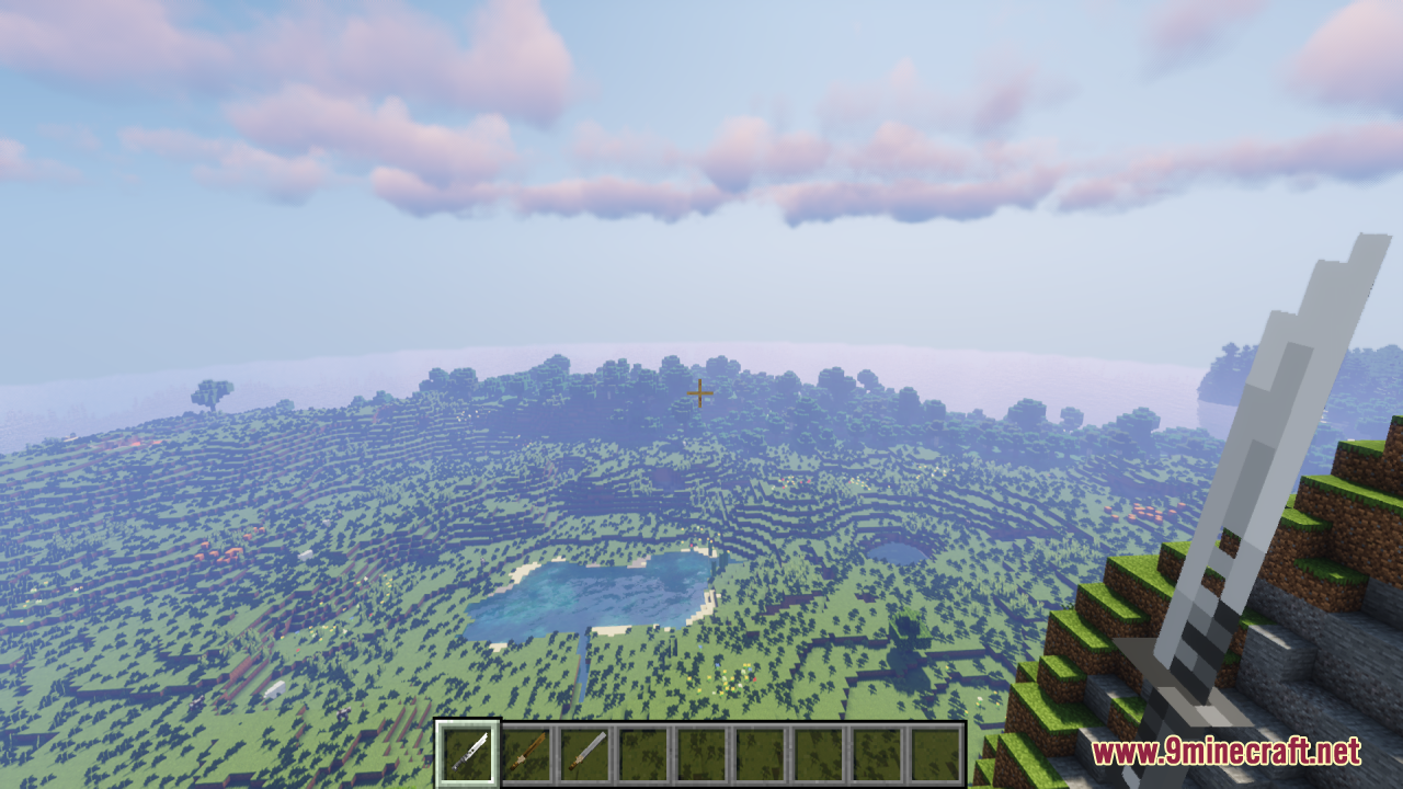 First-person view of a 3D sword overlooking the landscape