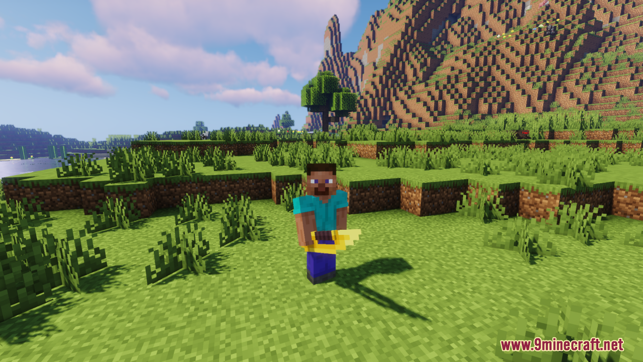 Player holding a thick 3D modeled golden sword