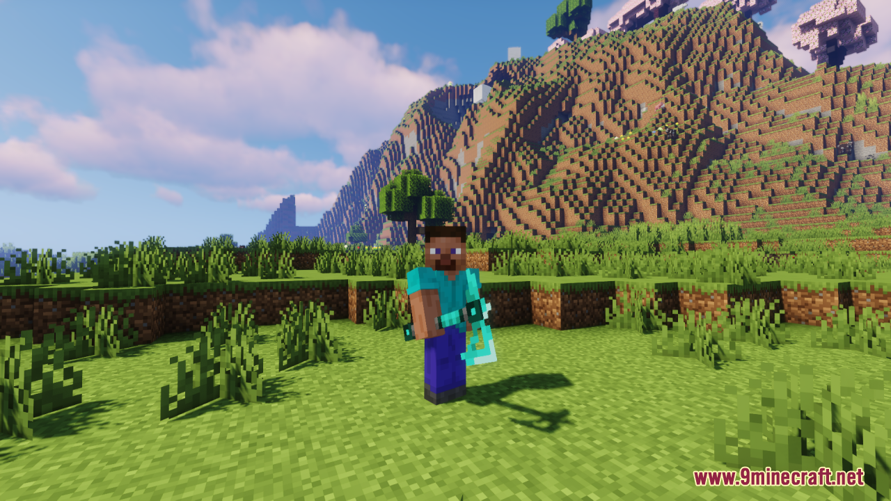 Steve wielding a custom 3D modeled diamond axe