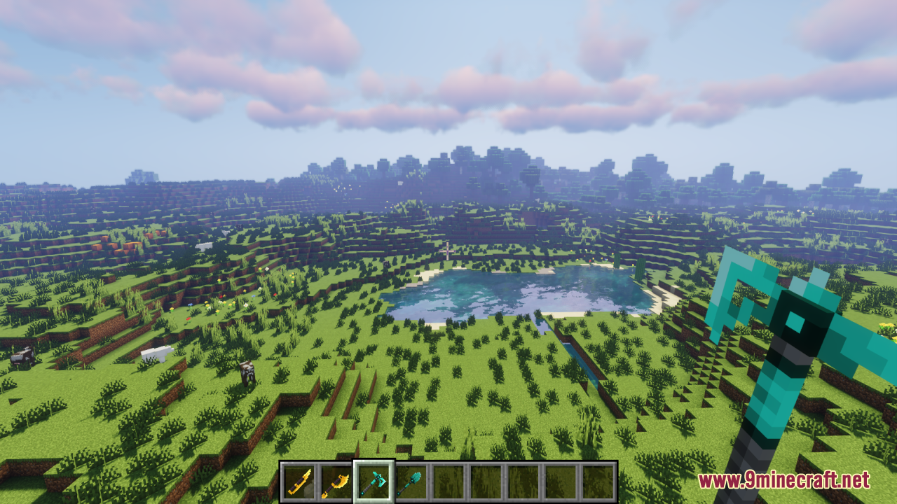 Holding a 3D diamond pickaxe overlooking the landscape