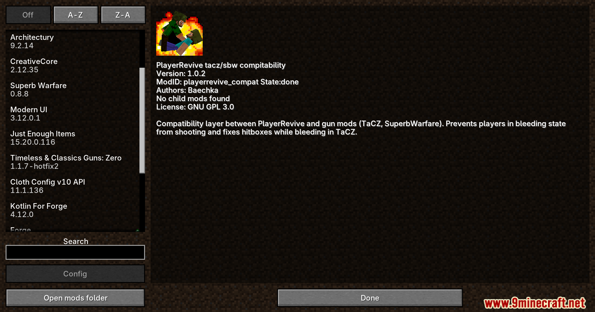 Minecraft mod menu displaying the PlayerRevive compatibility layer details