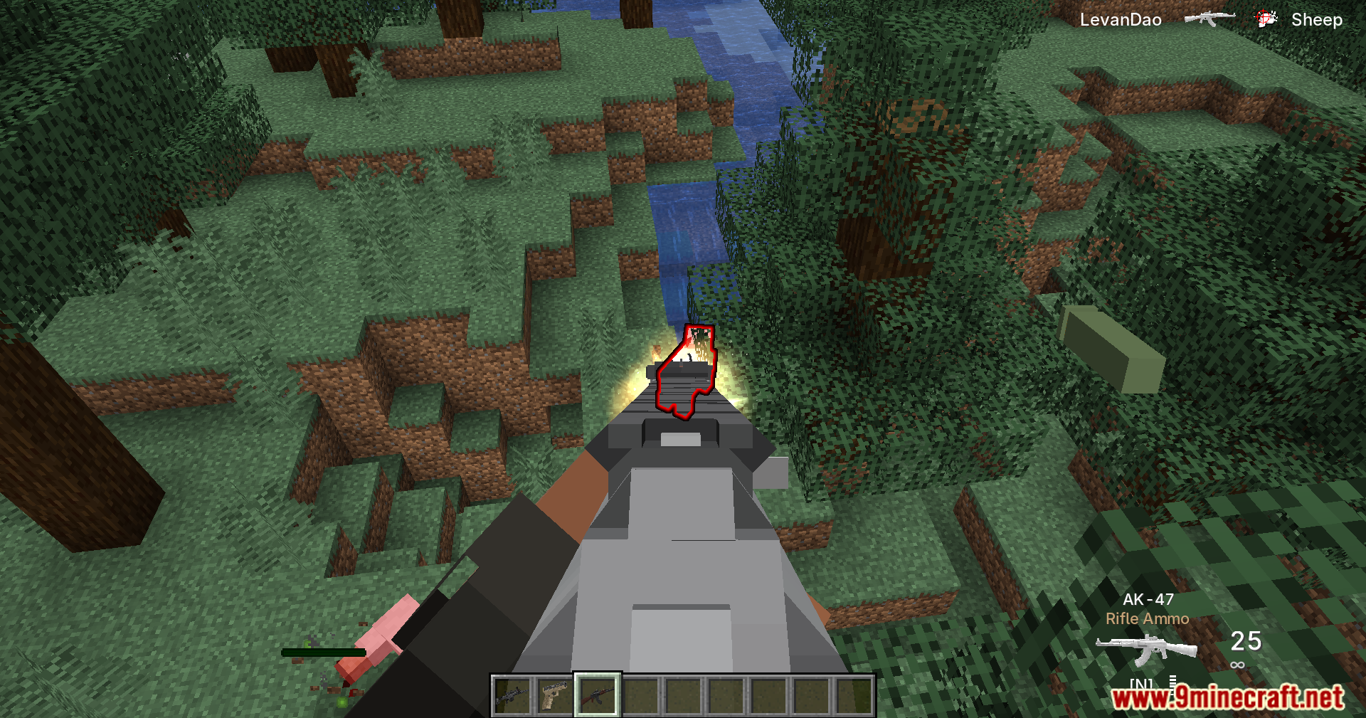 Player aiming and firing an AK 47 rifle at a sheep