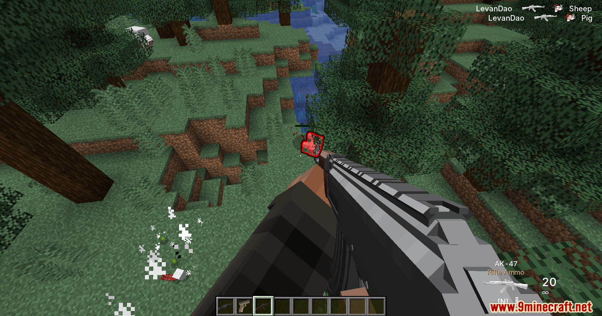 Dealing damage to a sheep using an AK 47 assault rifle