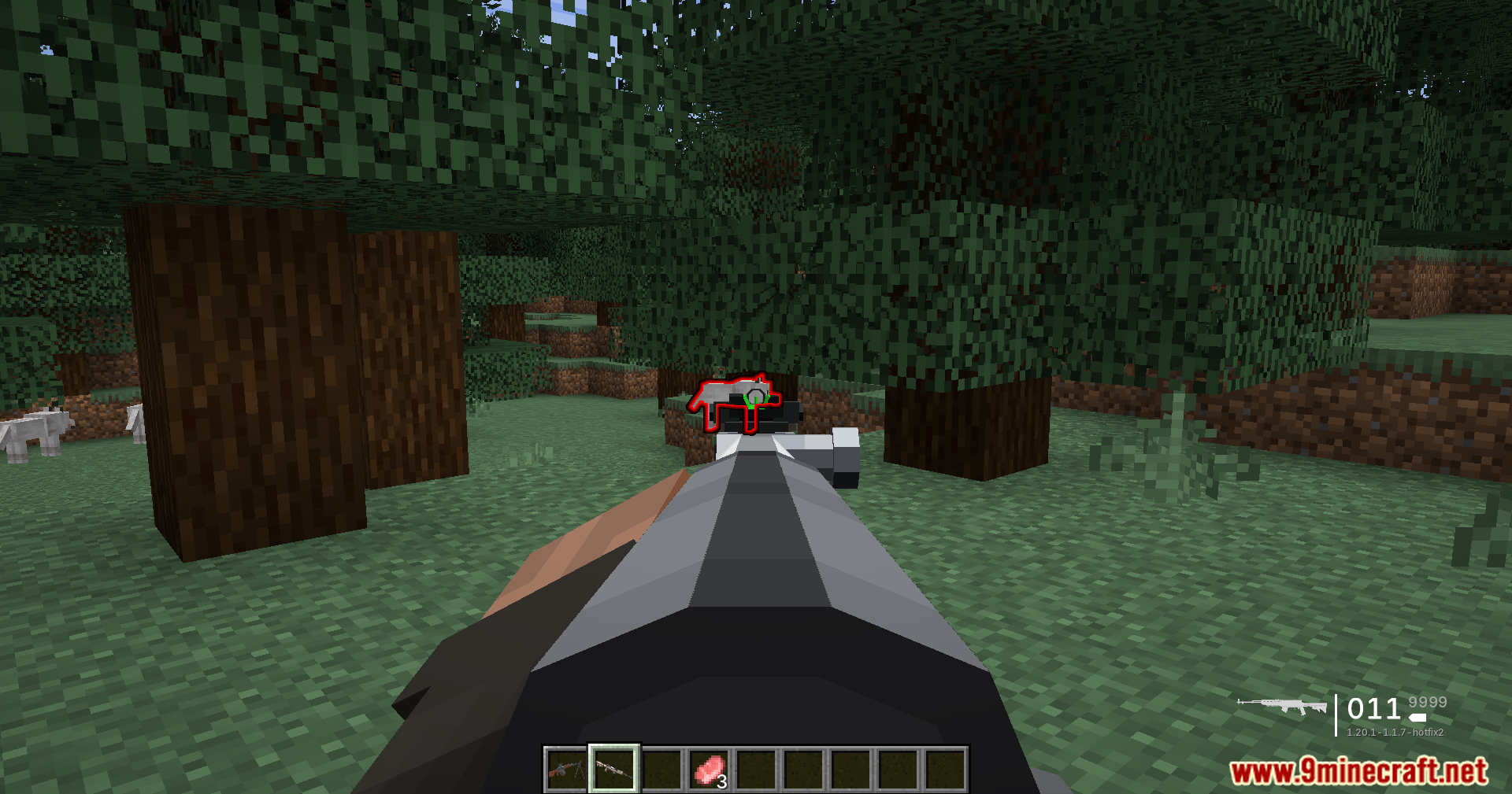 Player aiming rifle at a wolf showing red targeting hitbox