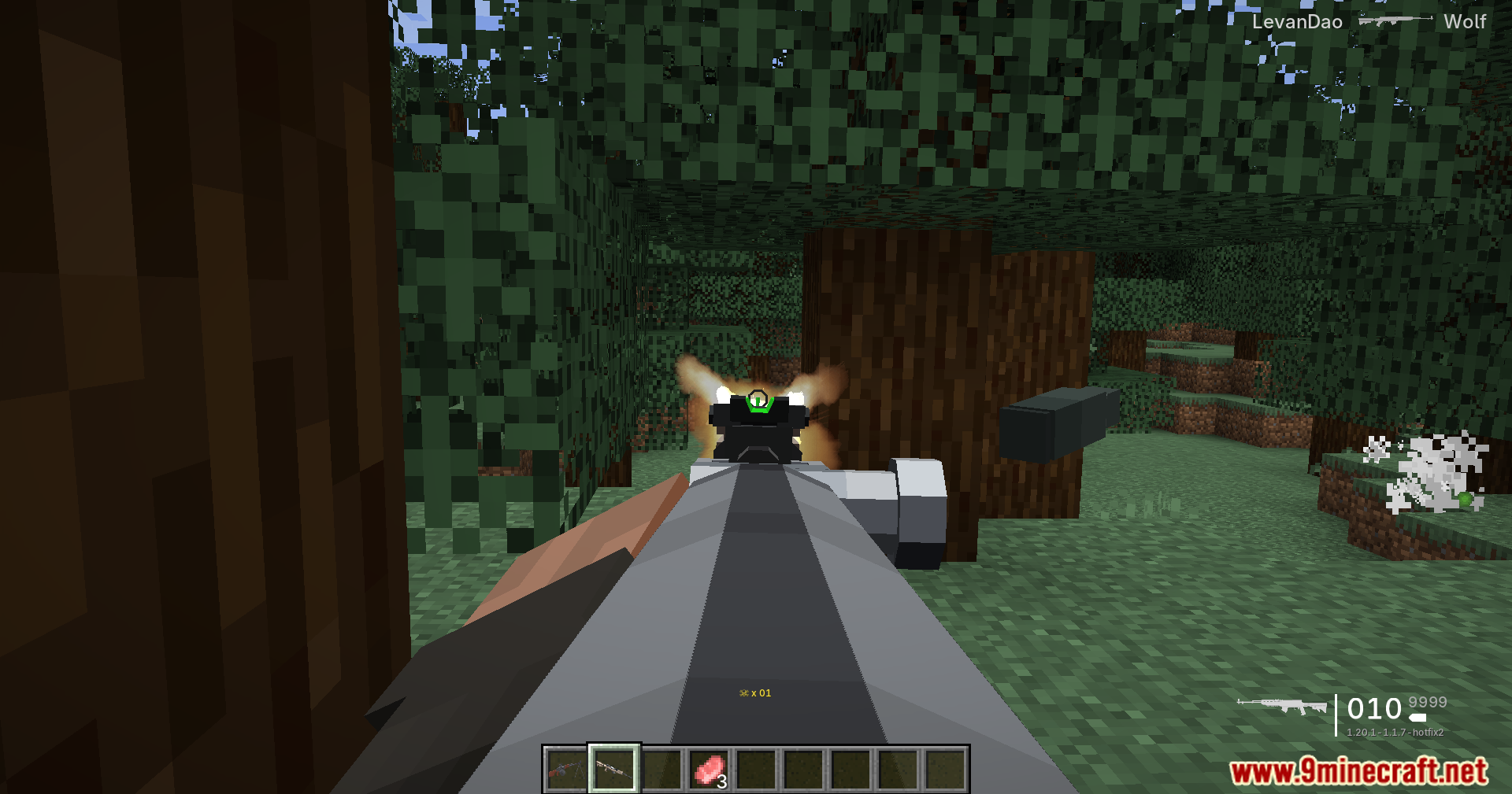 Player firing modern rifle at a wolf with muzzle flash