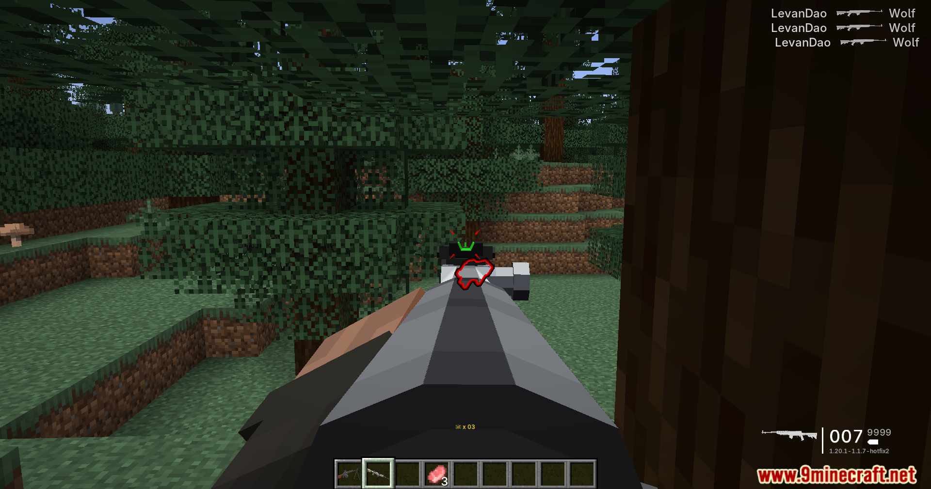 Player aiming down sights after defeating multiple wolves in forest