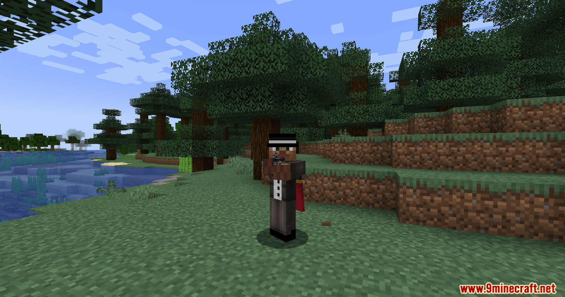 Third person view of a player character holding a gun