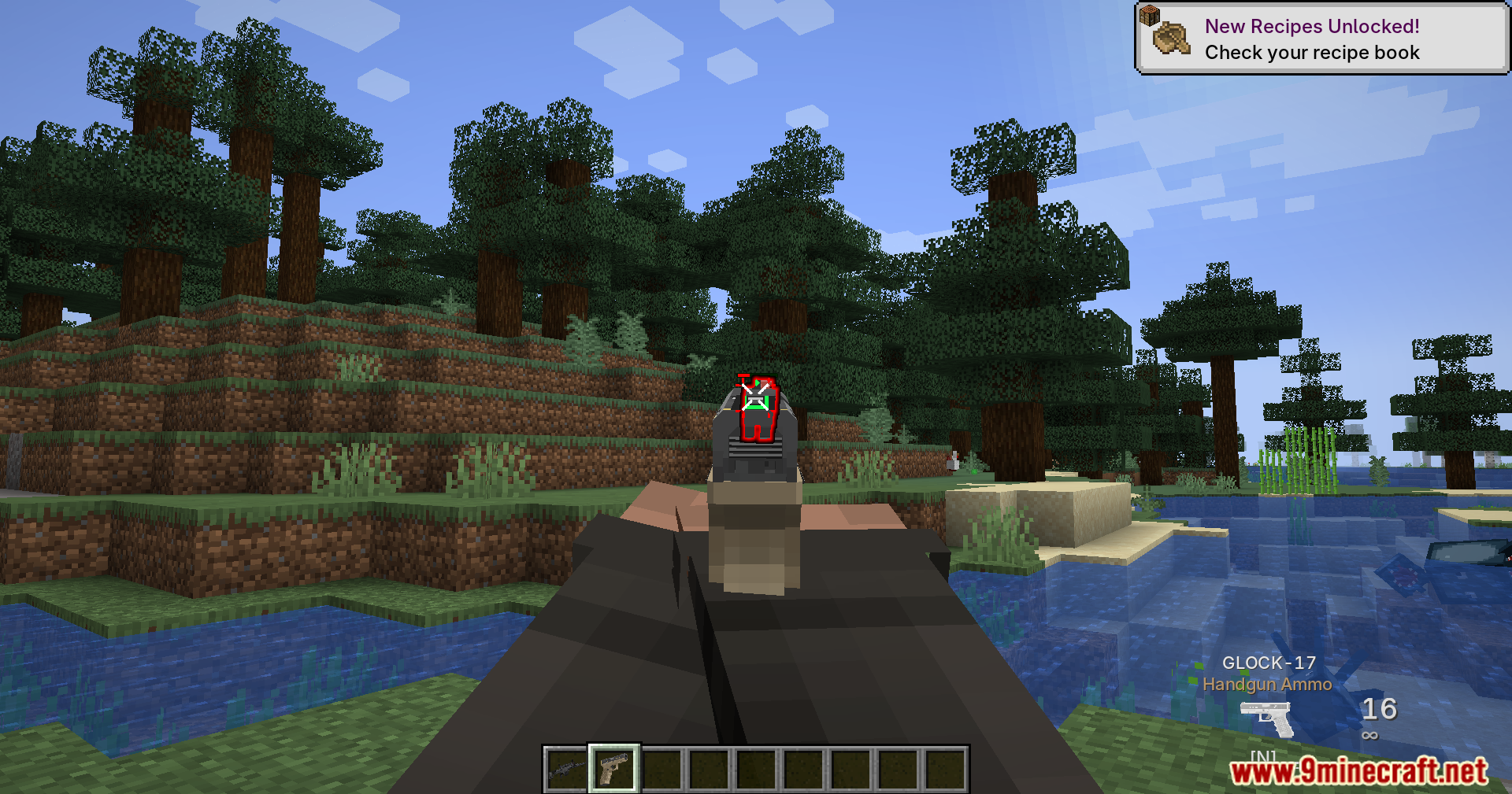 Player aiming down sights of a pistol at a red target