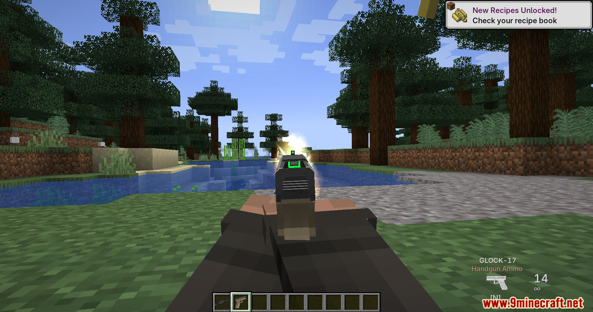 Player firing a pistol showing muzzle flash in a forest