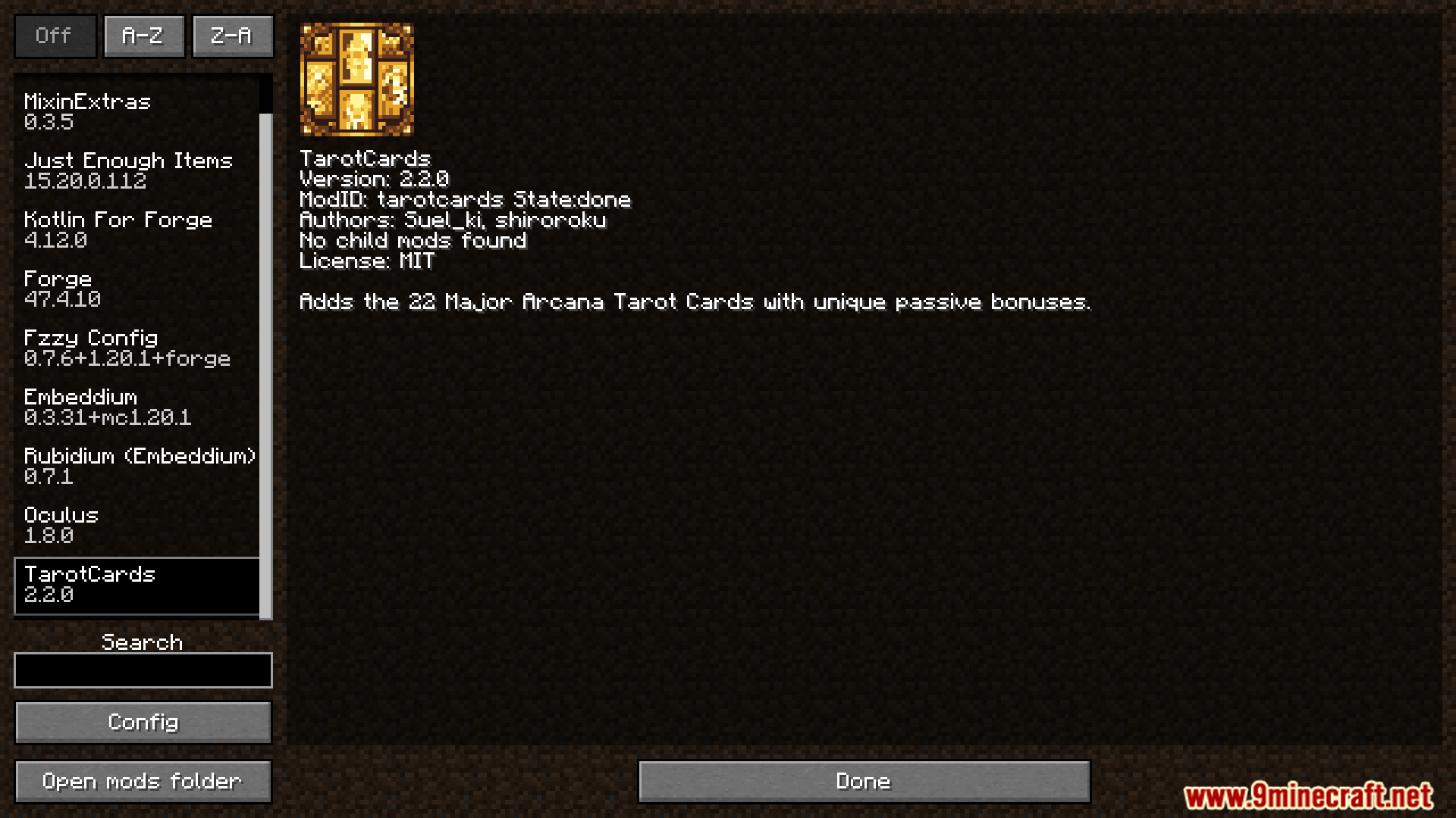 Viewing the TarotCards mod details in the Minecraft mod menu