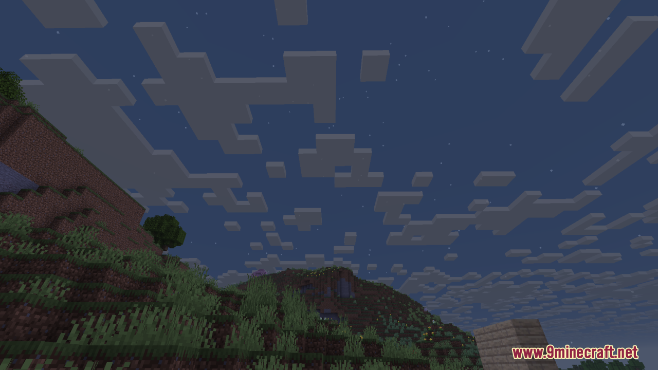 Custom blocky clouds in the night sky over a grassy hill