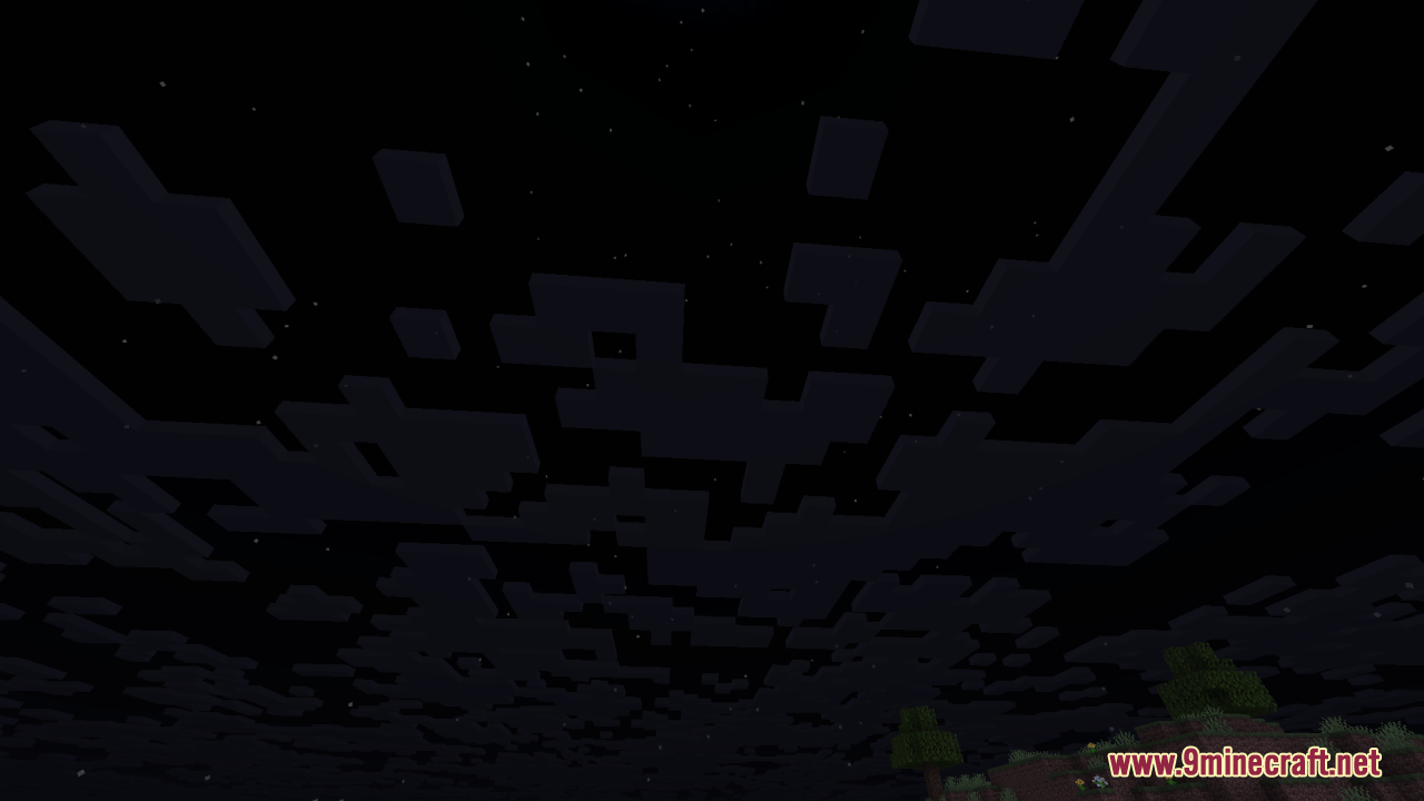 Dense dark clouds covering the starry sky above the terrain