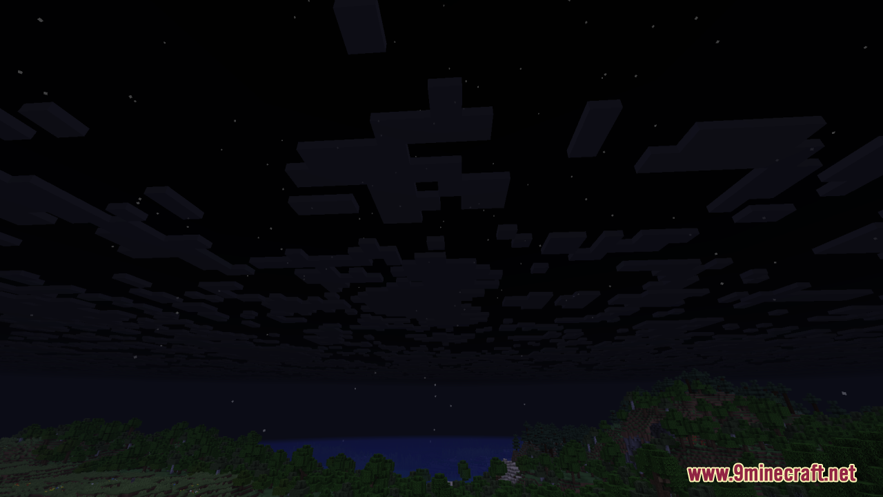 Nighttime sky showing dark clouds and stars above the terrain