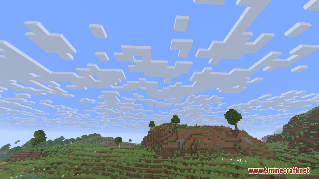 Tax Cave Sky pack showing custom blocky clouds over grassy landscape