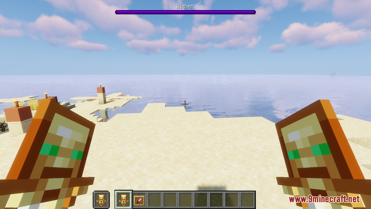 First person view holding two skeleton totems during Wither fight