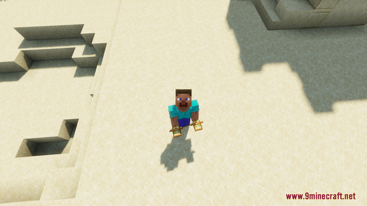 Player character holding two creepy skeleton totems in the desert