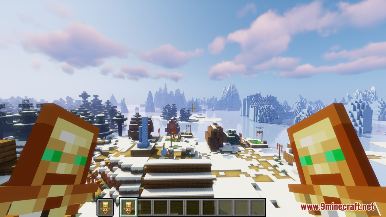 Player holding dual skeleton totems looking at a snowy village