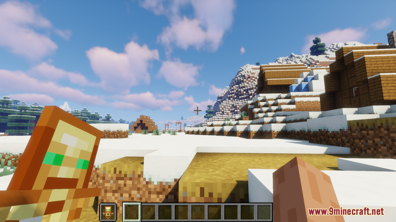 First person view with skeleton totem in a snowy village