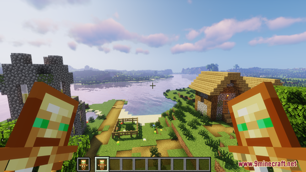 Player holding two Totems of Undying in a village