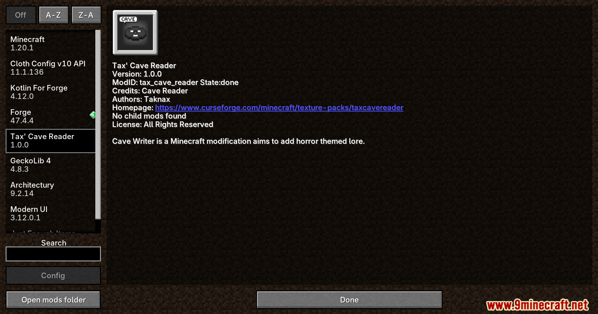 Mod menu showing Tax Cave Reader mod details and description
