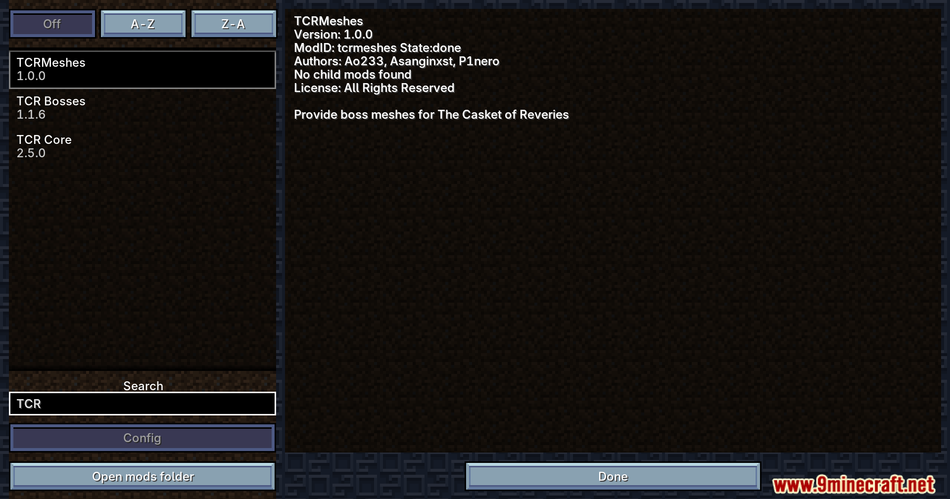 Mod list menu showing TCRMeshes and its description text
