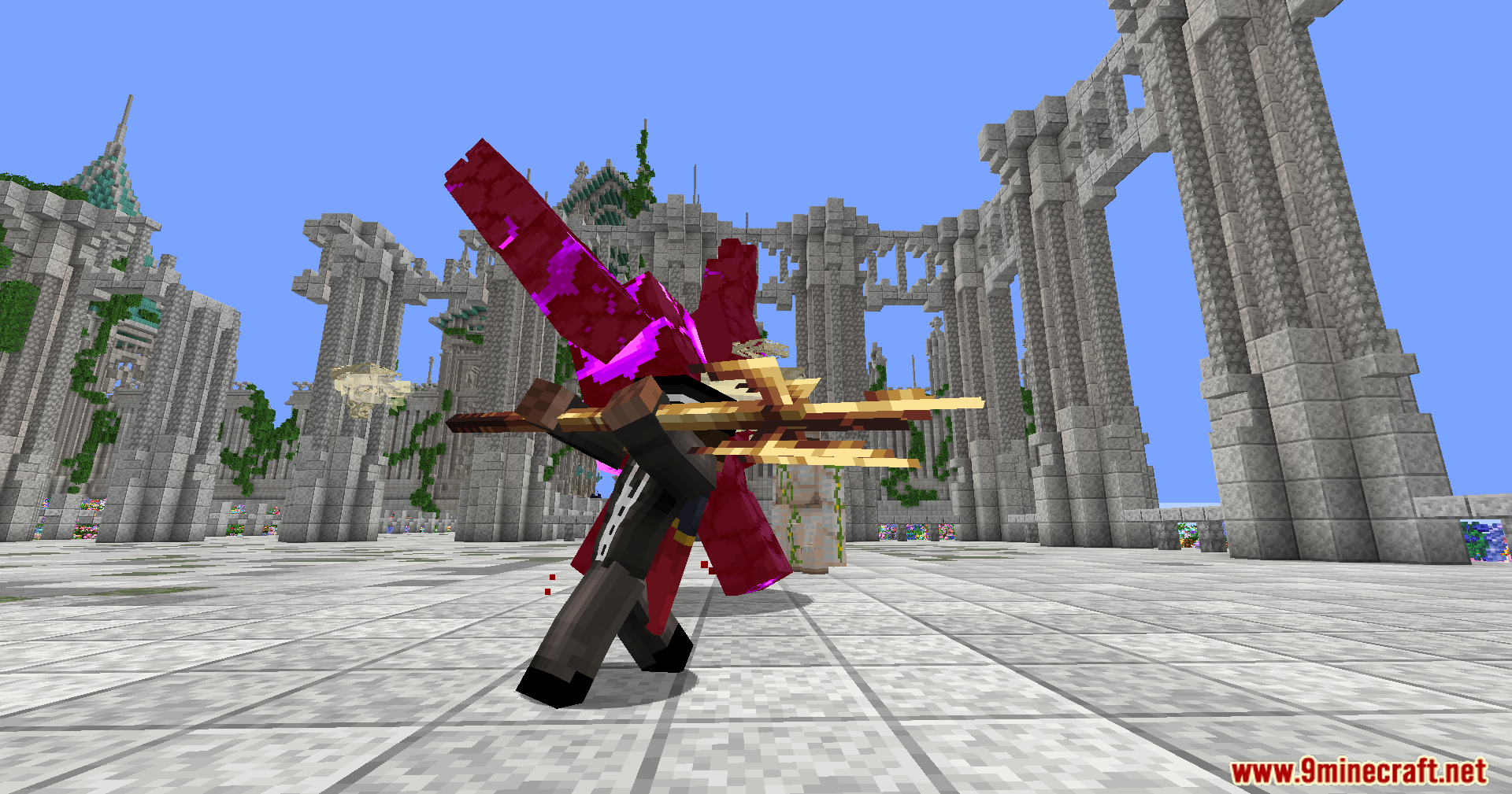 Player with golden trident standing near large red custom mob model