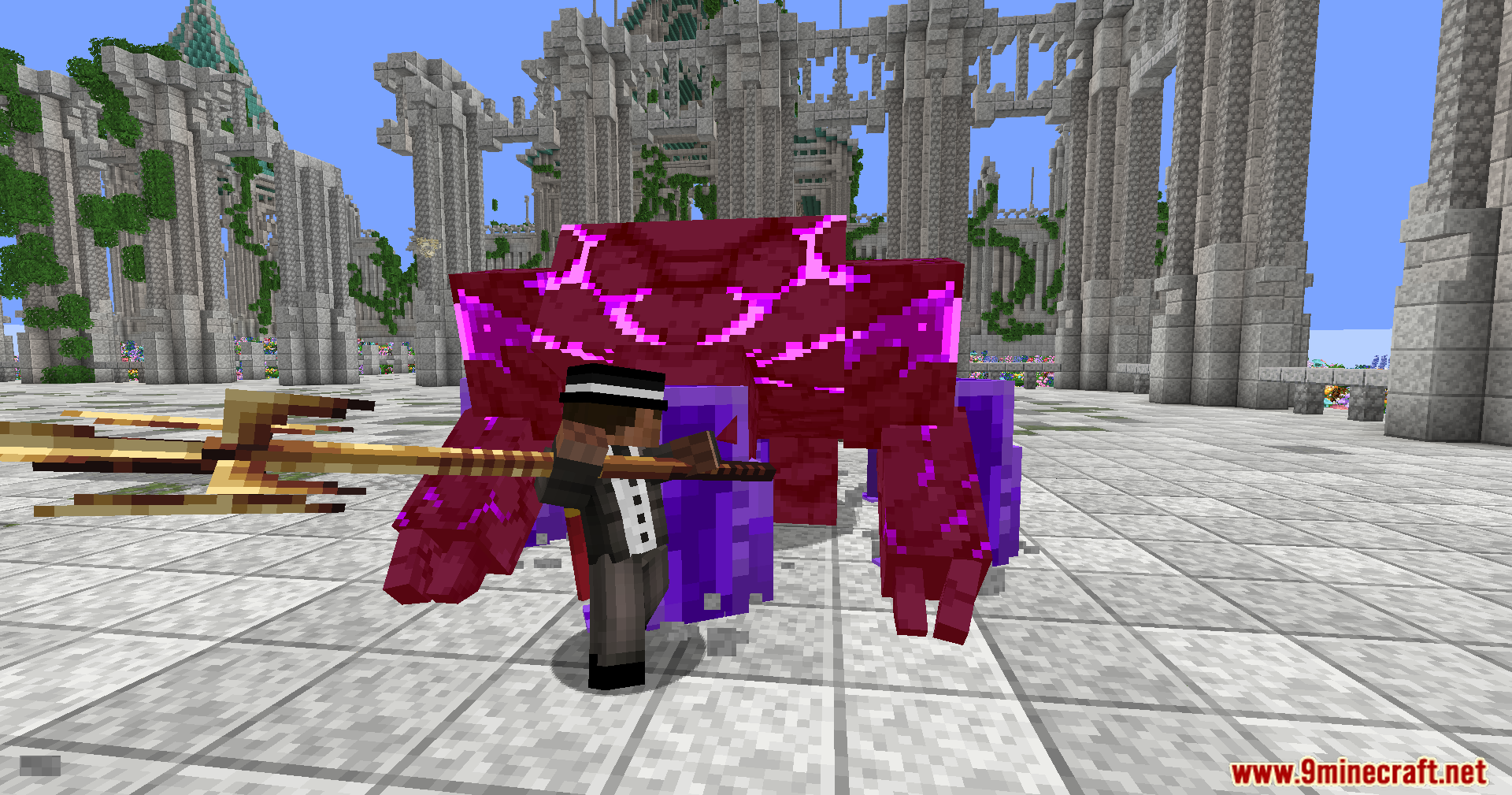 Player aiming golden trident at large red custom golem mob model