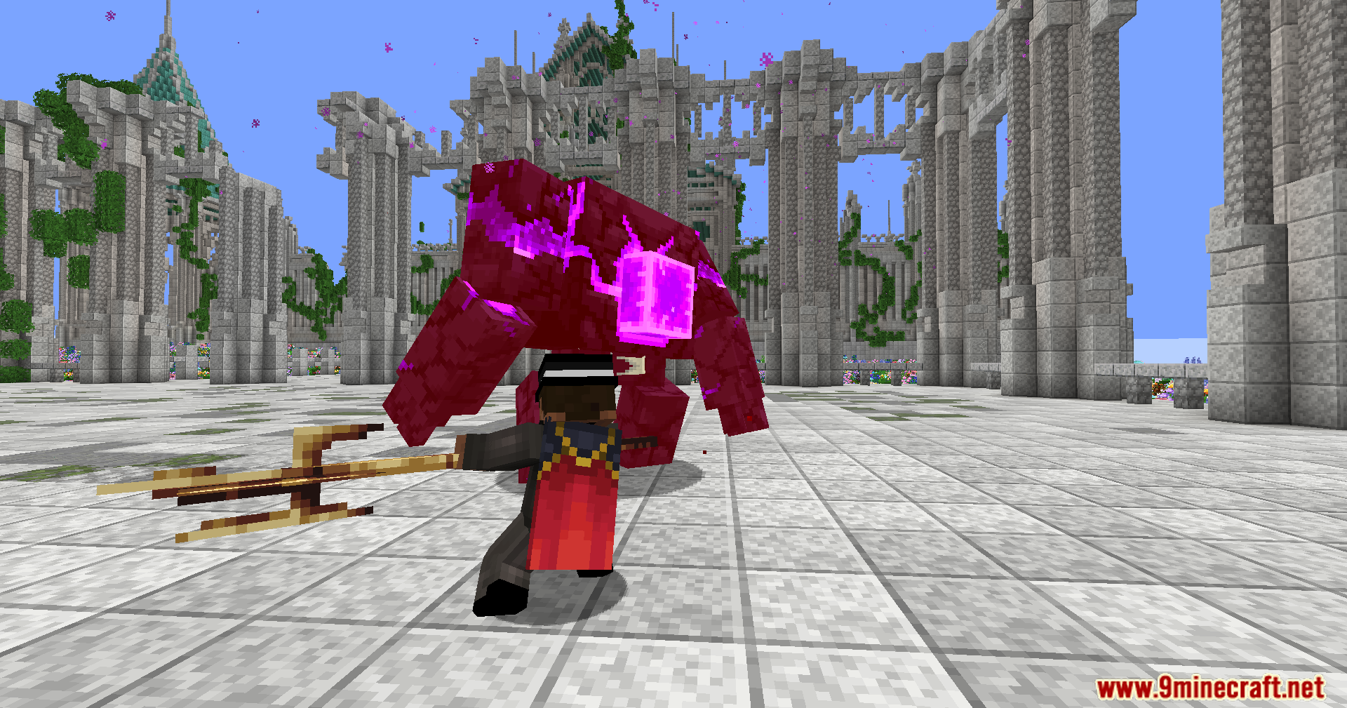 Player facing large red custom golem mob with glowing purple accents