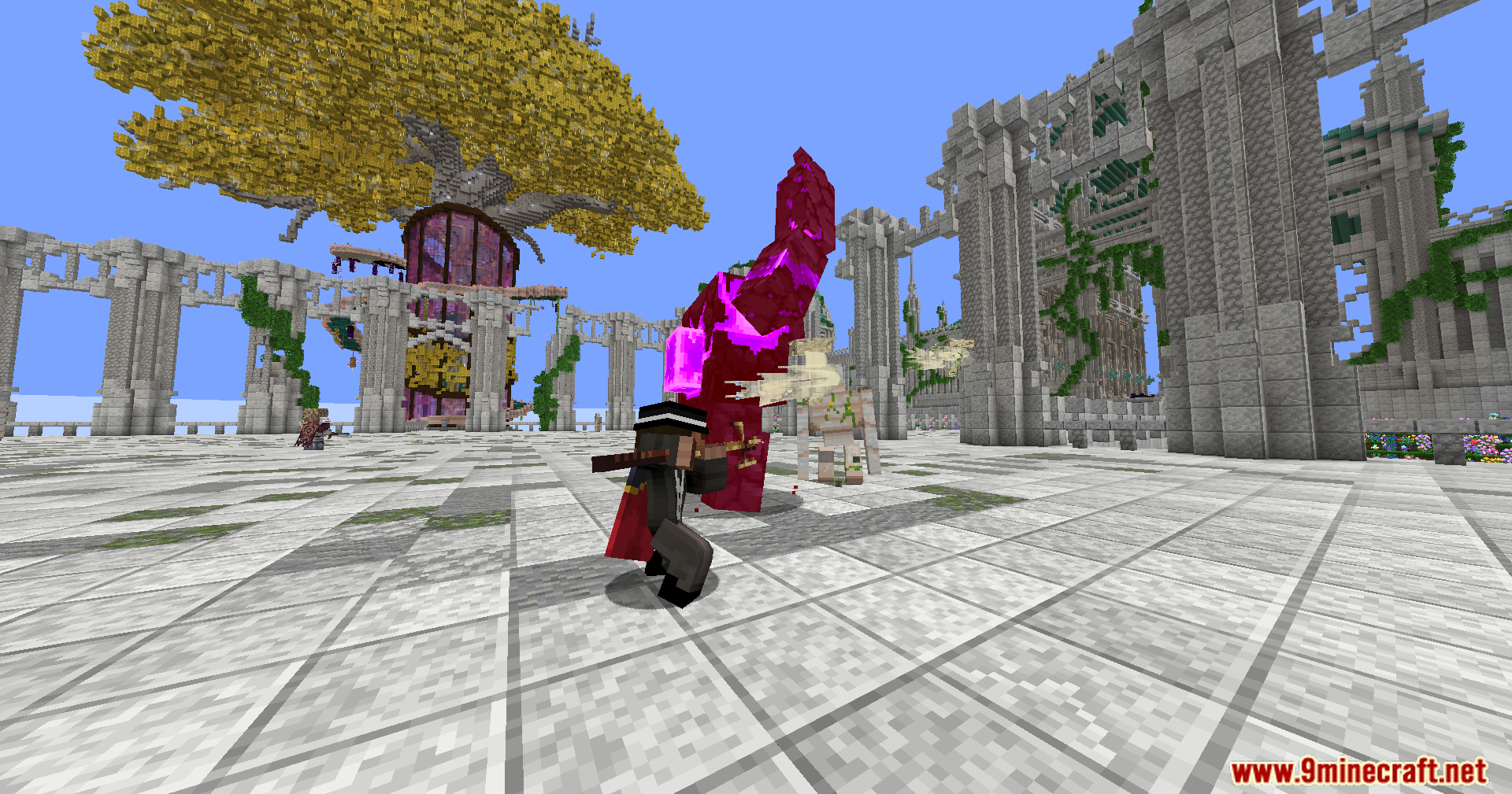 Player fights a large purple monster with a sword