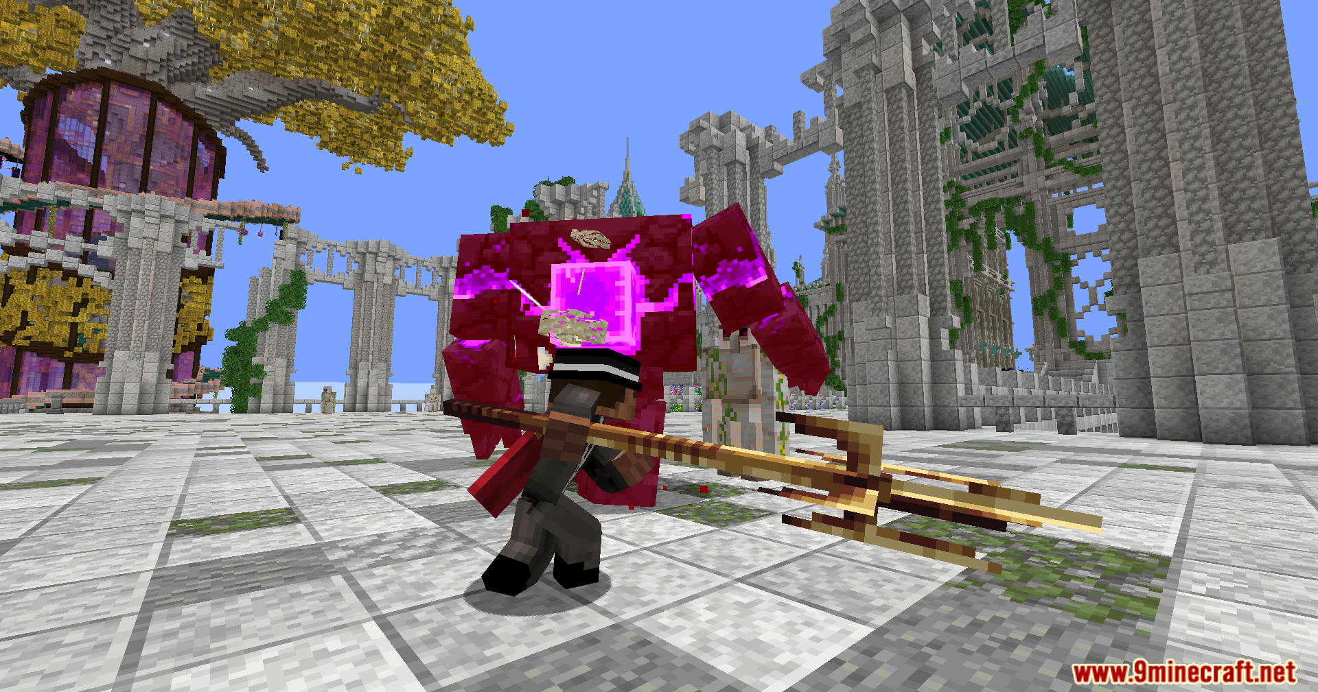 Player attacks a purple monster with a golden trident