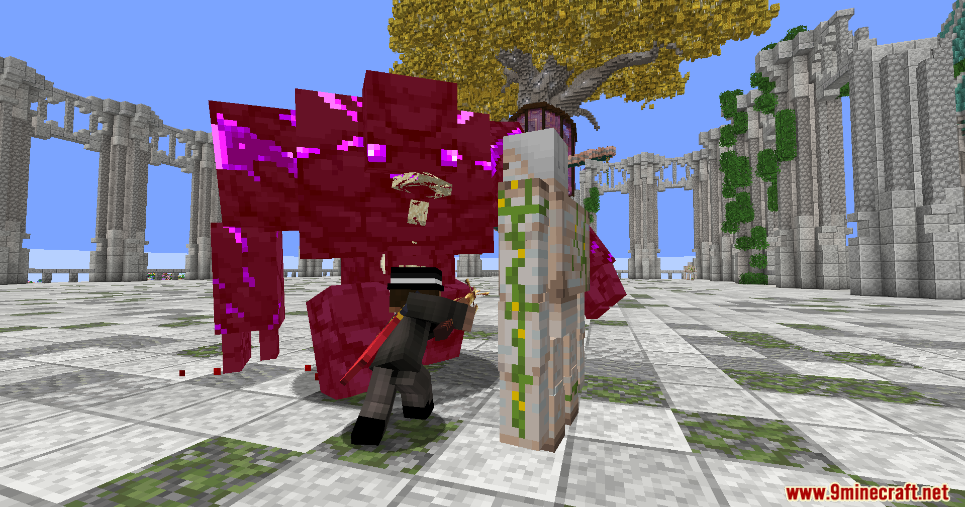 Player battles a purple monster alongside an iron golem