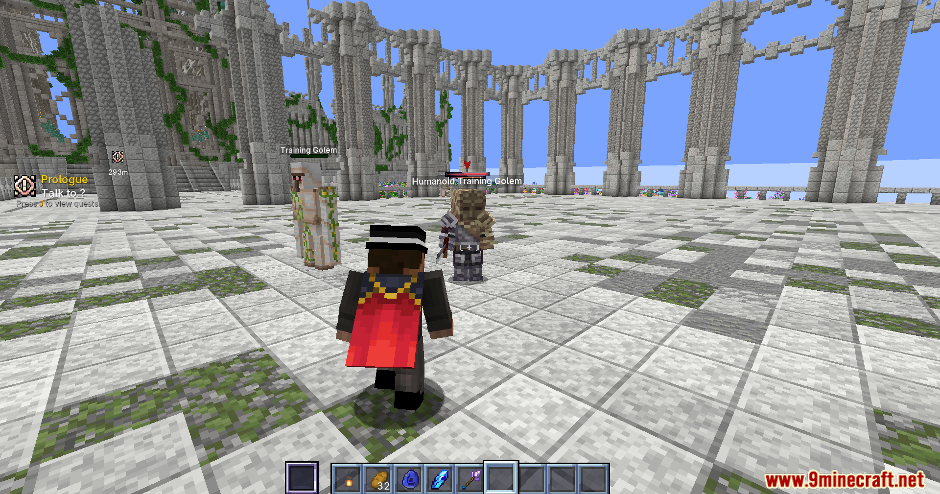 Player standing before a humanoid training golem in stone arena