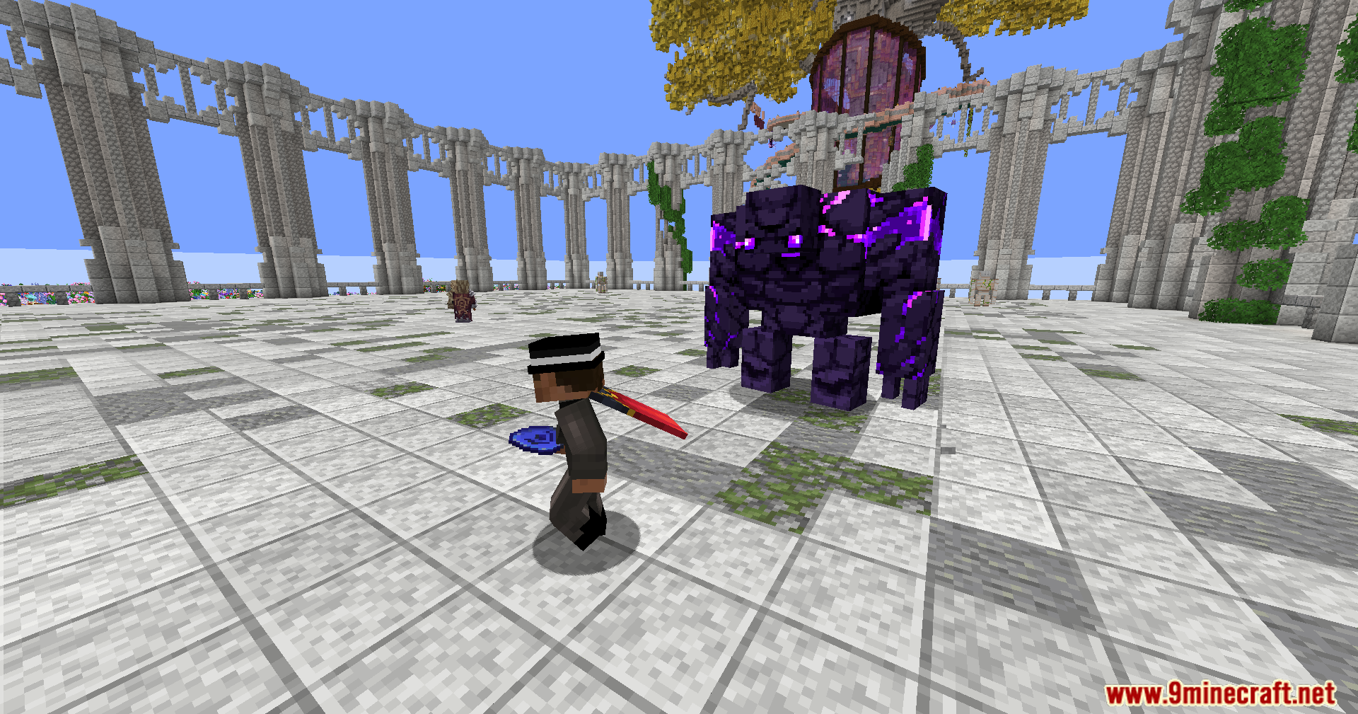 Player facing a massive dark golem with glowing purple accents
