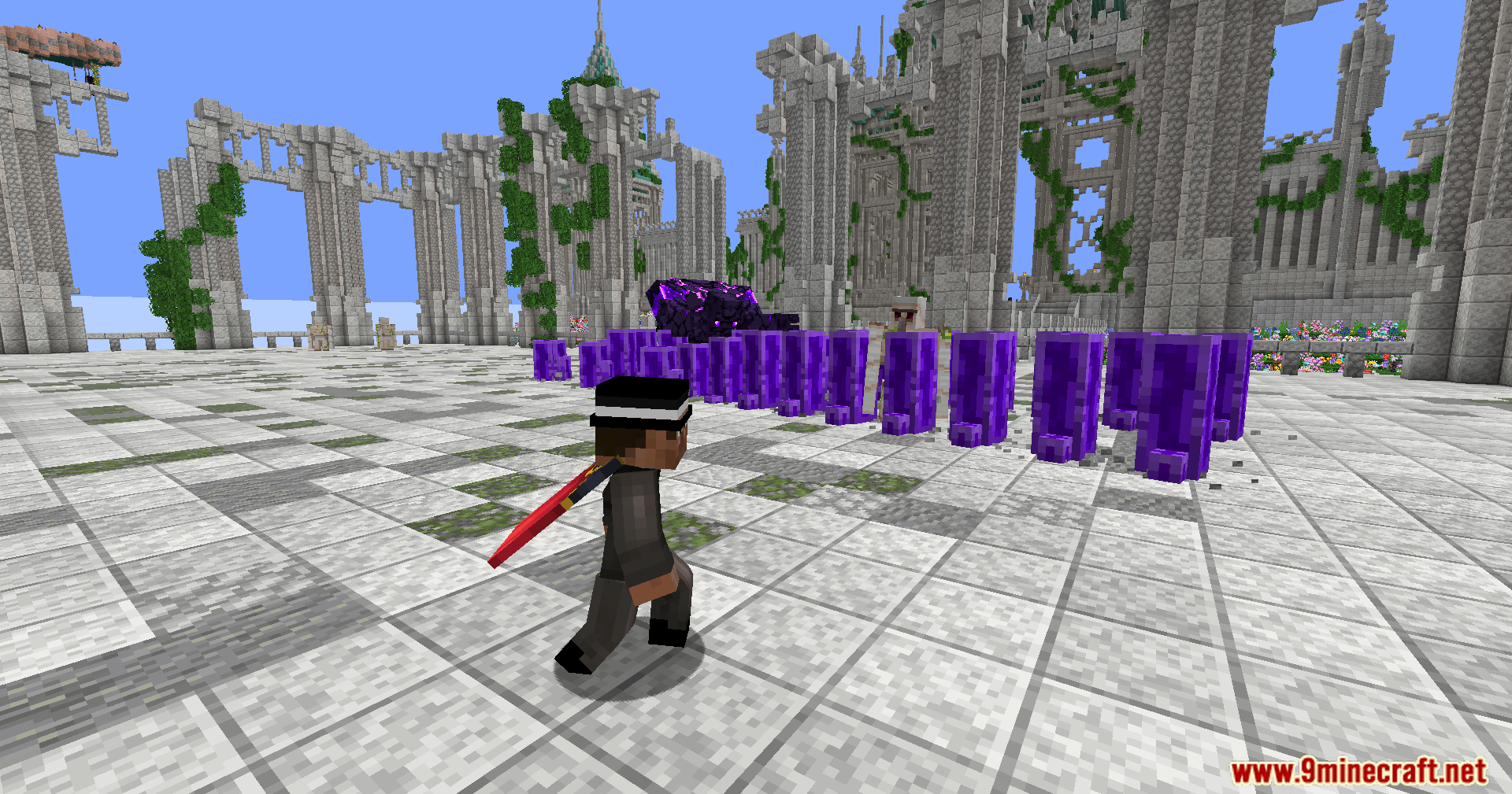 Player with red sword facing purple entities in stone arena