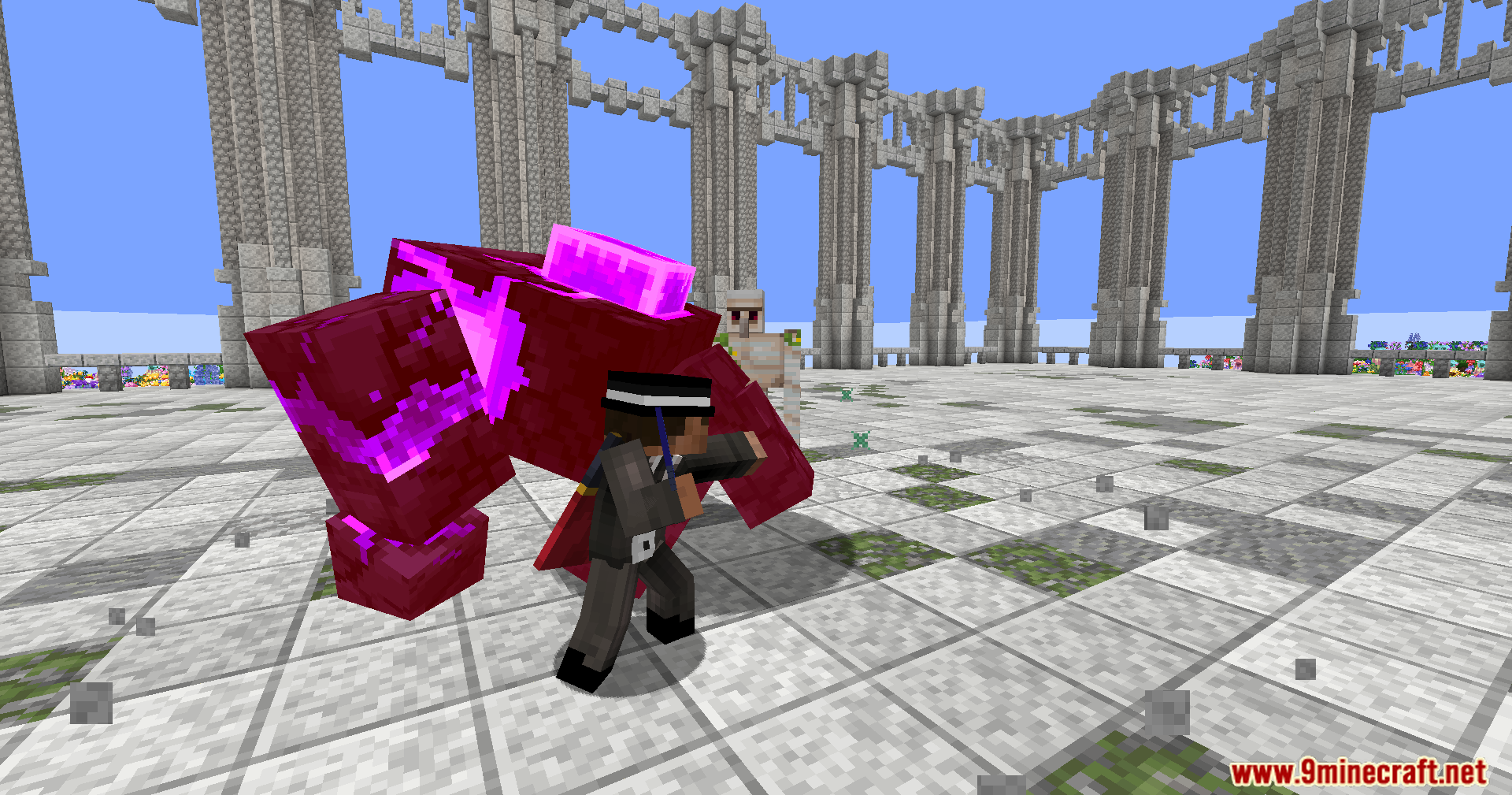 Player fighting large red and purple custom monster in arena